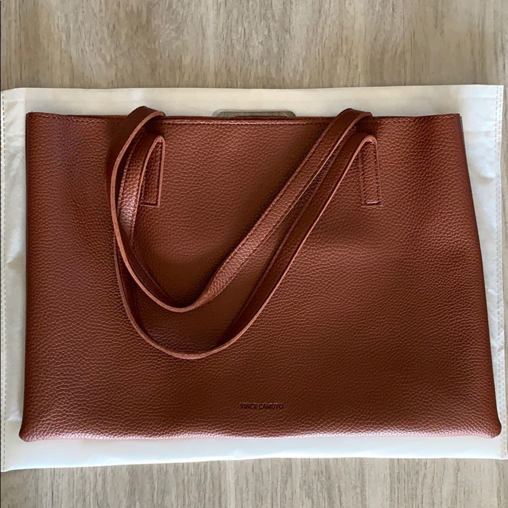 Vince Camuto Cognac & Black Stripe Vegan Tote